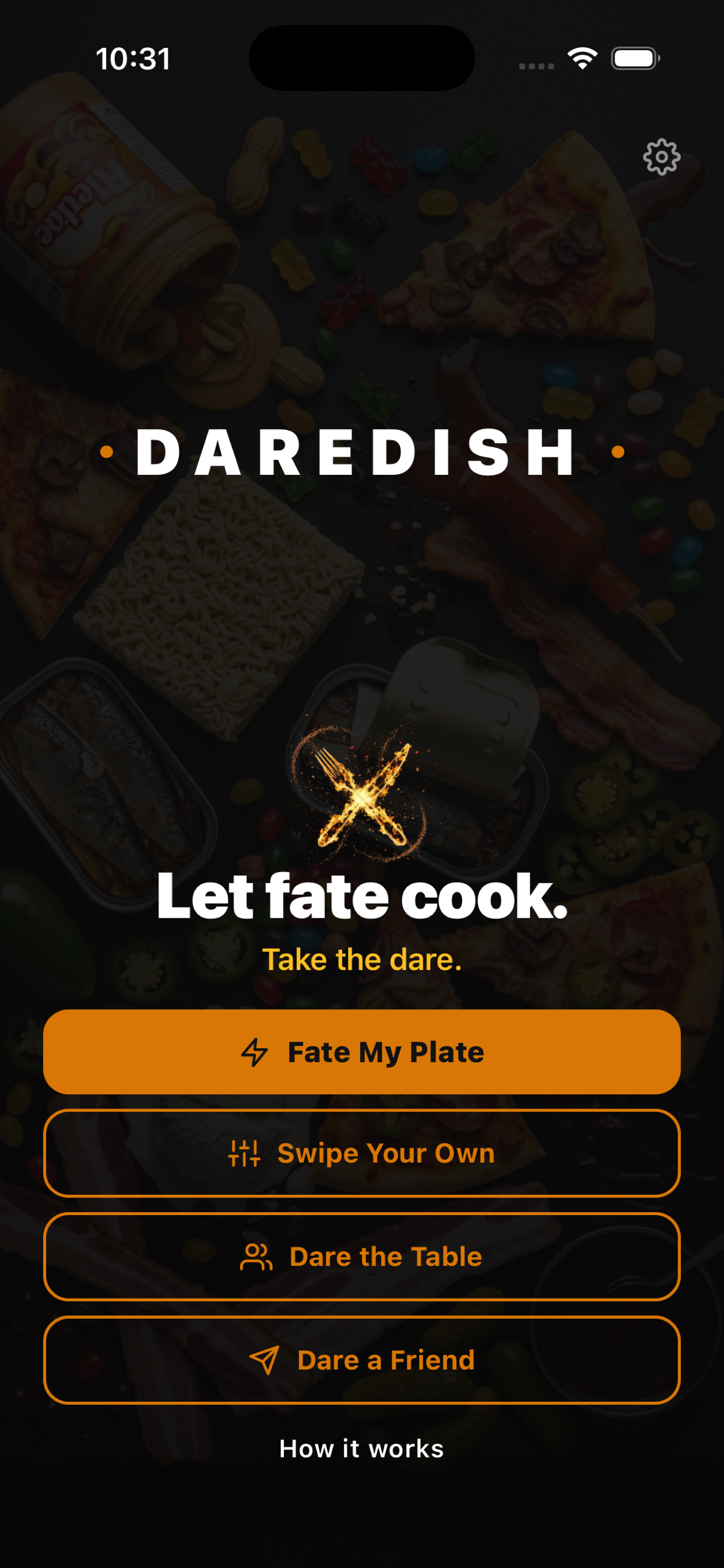 DareDish home screen with Fate My Plate, Swipe Your Own, Dare the Table, and Dare a Friend options