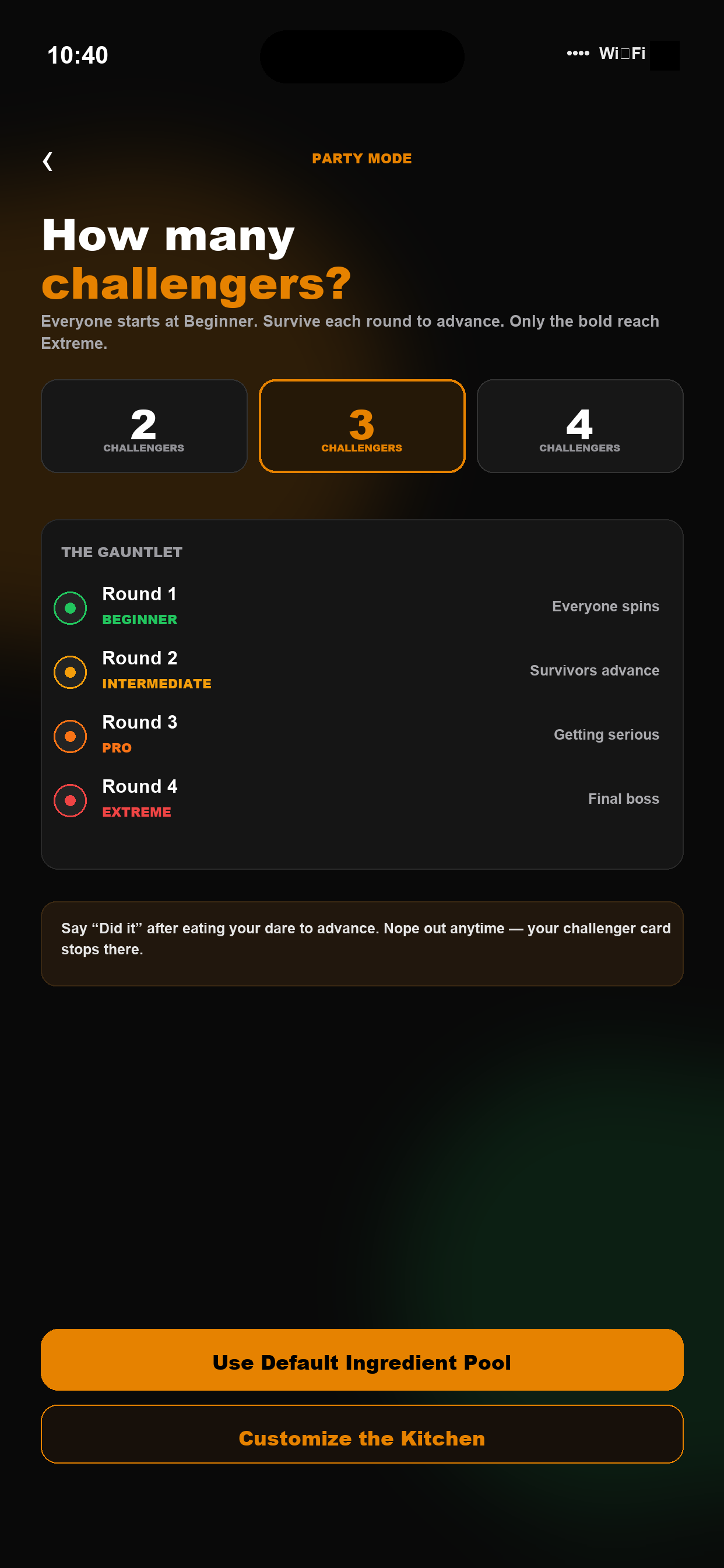 DareDish Party Mode challenger setup