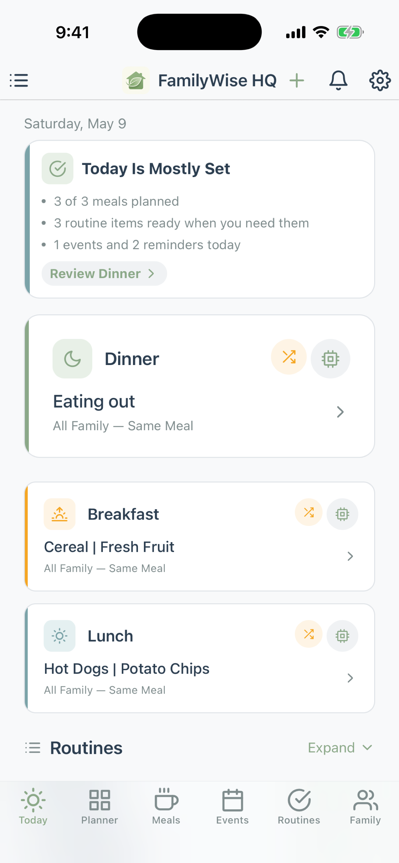 FamilyWise HQ Today screen showing meals, routines, events, and reminders