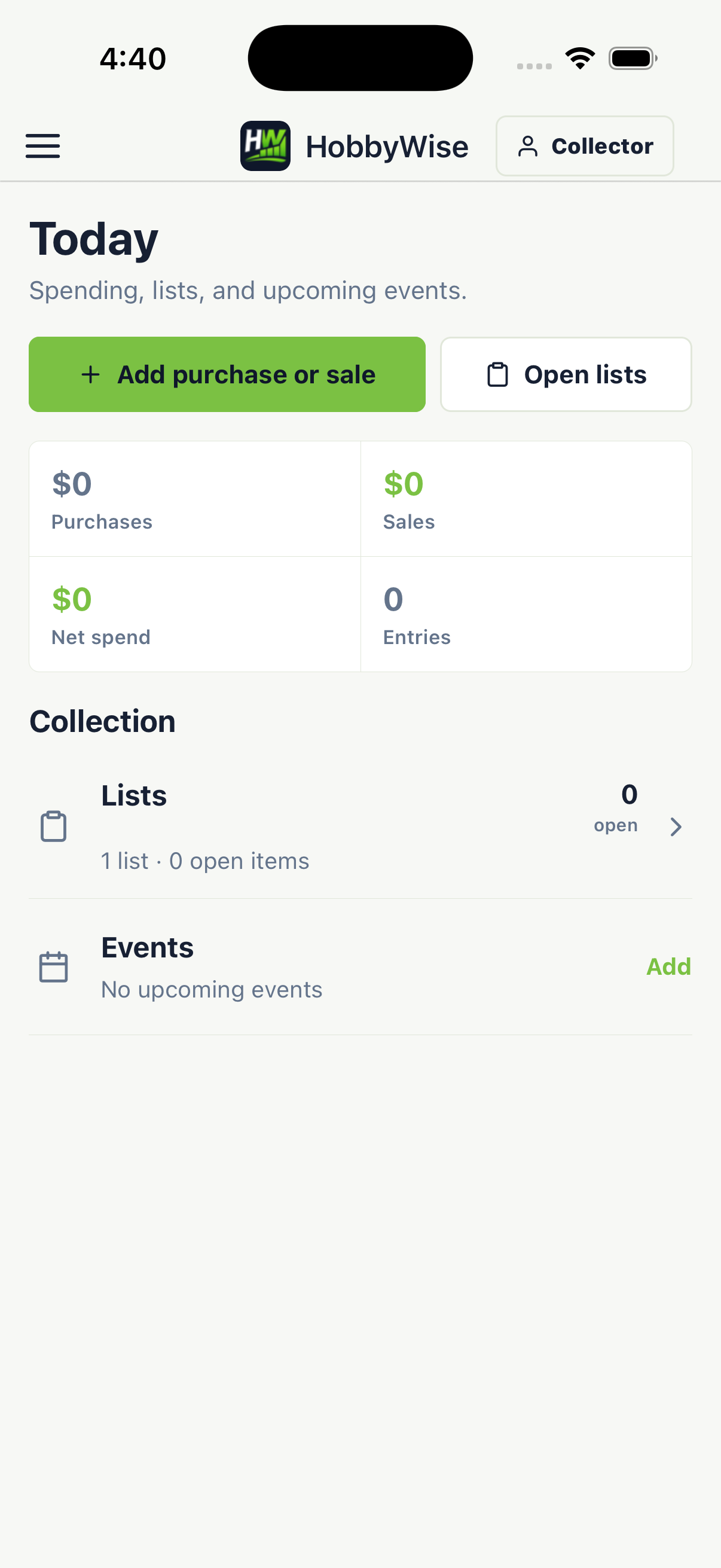 Current HobbyWise Collector Today screen