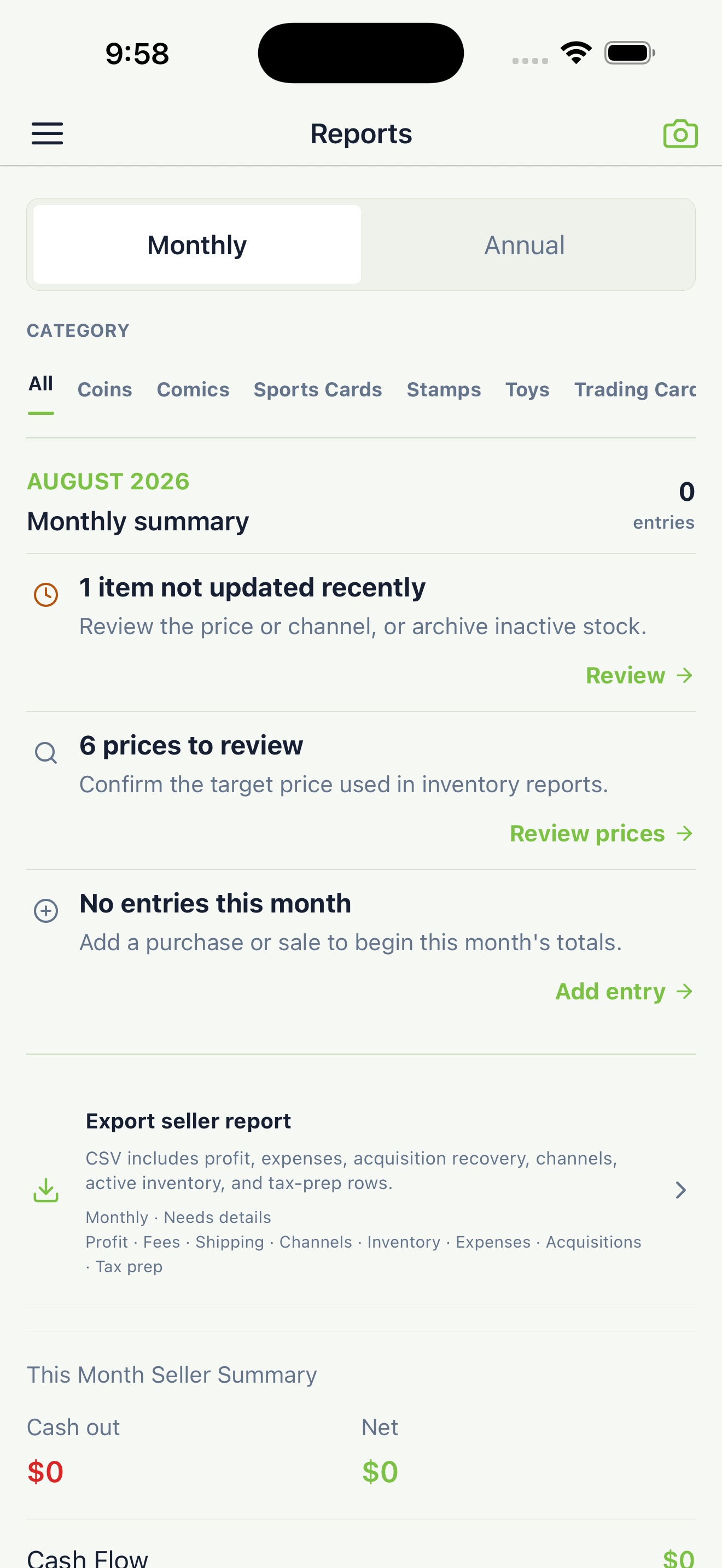 Maintained light-mode HobbyWise Reports workspace showing report review and CSV export status